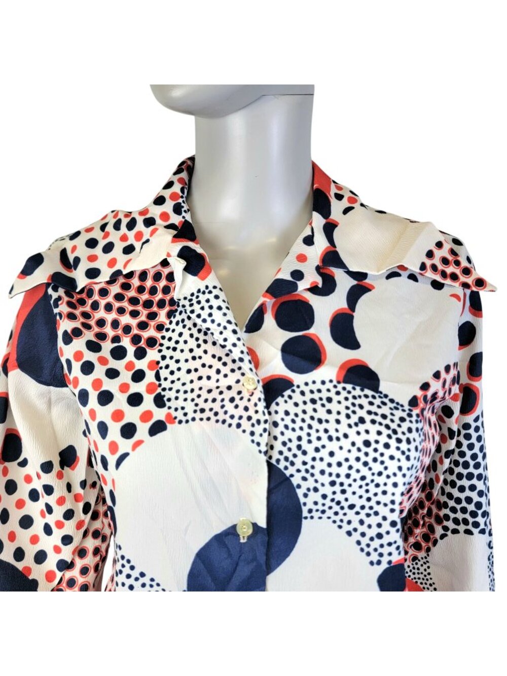 Sears Vintage 70s Blouse Shirt Women Medium Geometric Patriotic Collar Top Red W